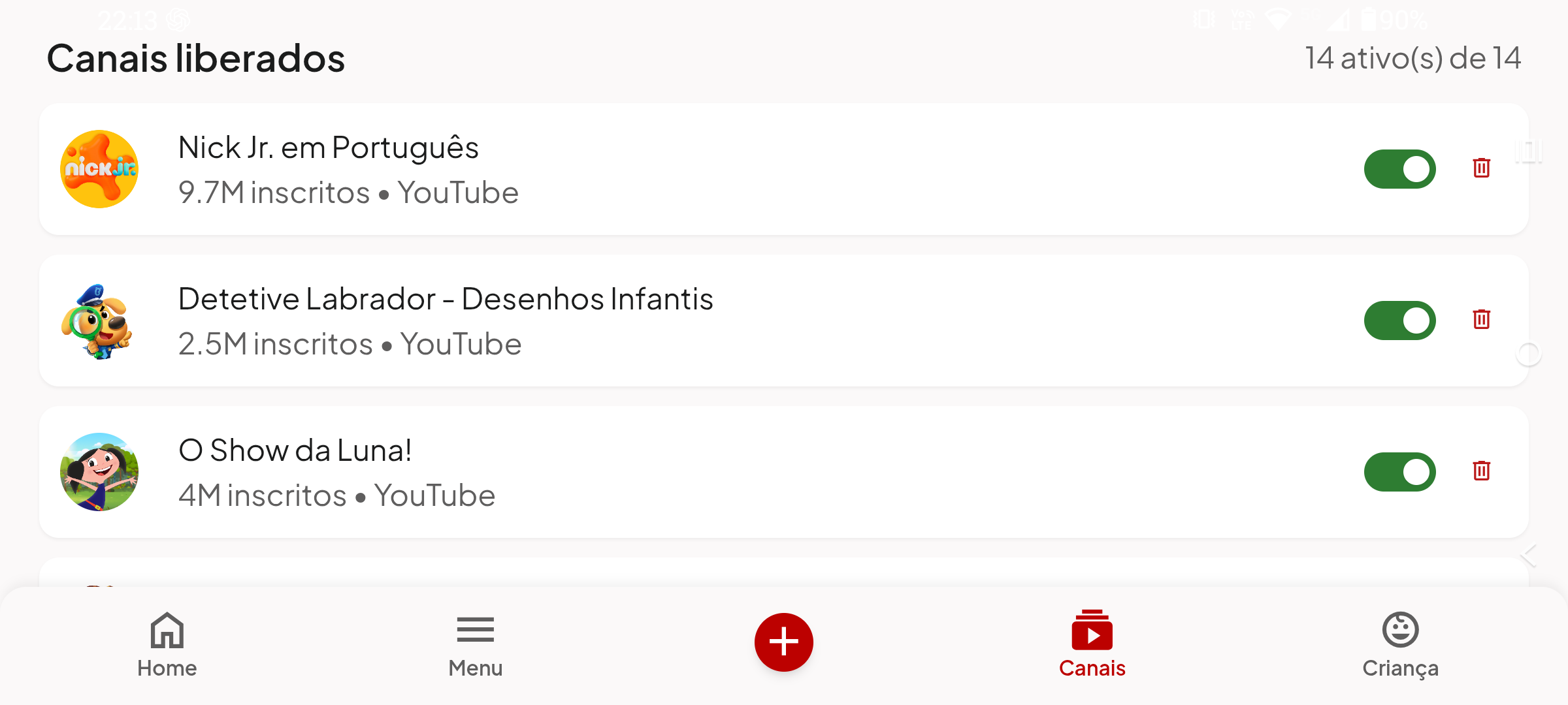 Tela de canais liberados no app KinGuard Tube